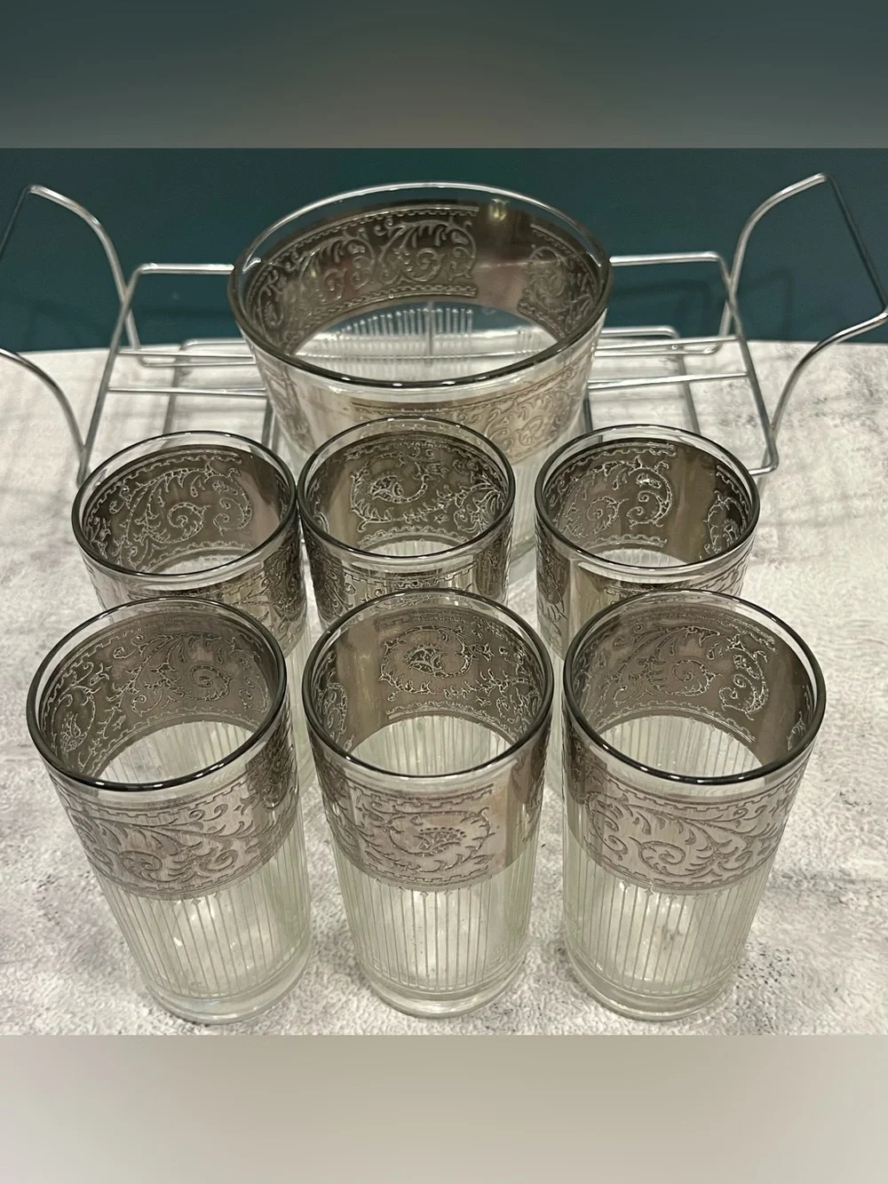 Mid Century Modern Starlyte Barware Set Caddy Ornate Ice Bucket Highball Glasses